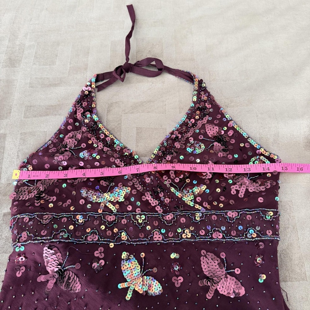 VTG Y2K Bebe Sequin Butterfly Tank Top S Purple Halter Chiffon Party Cami Beaded - Picture 11 of 12